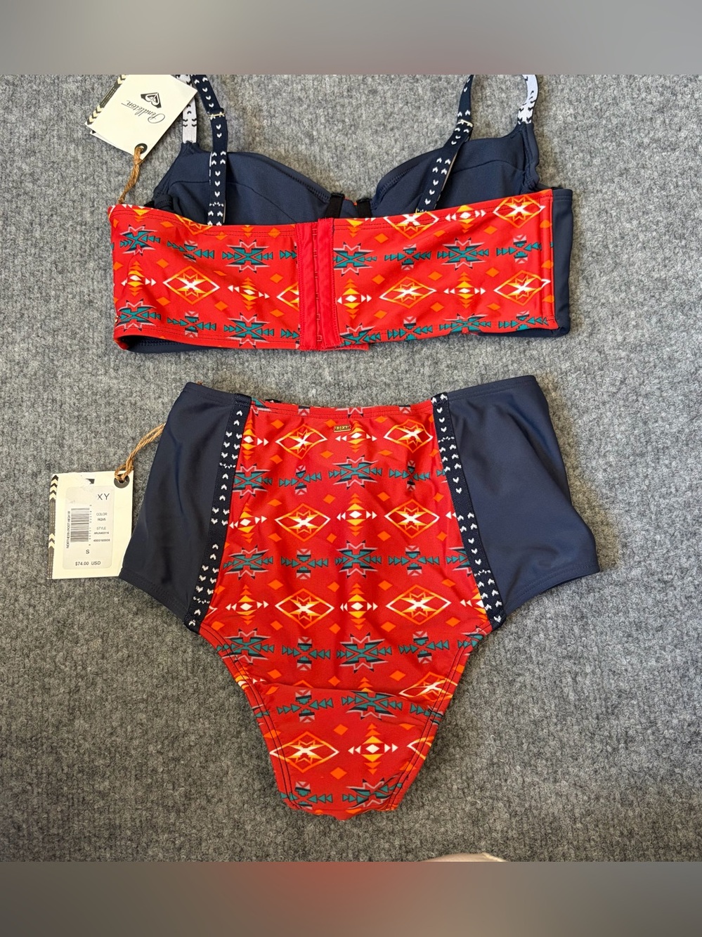Roxy Red and Navy Tribal High-Waist Bikini Set TOP Sz L BOTTOM Sz S - Picture 13 of 15